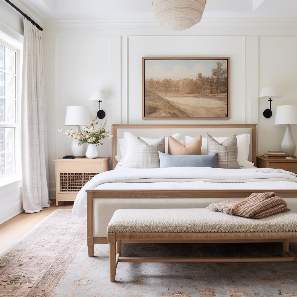 A white master bedroom with natural wood furniture.