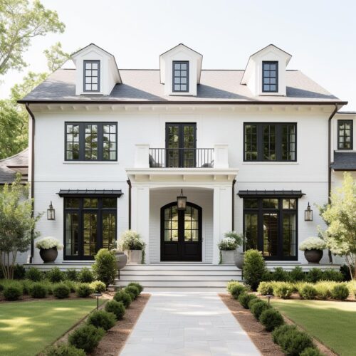 A white modern colonial house exterior with black windows.