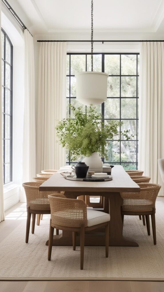 A white modern farmhouse dining room.