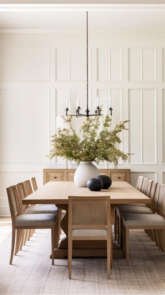 A white modern farmhouse dining room with natural wood dining table.