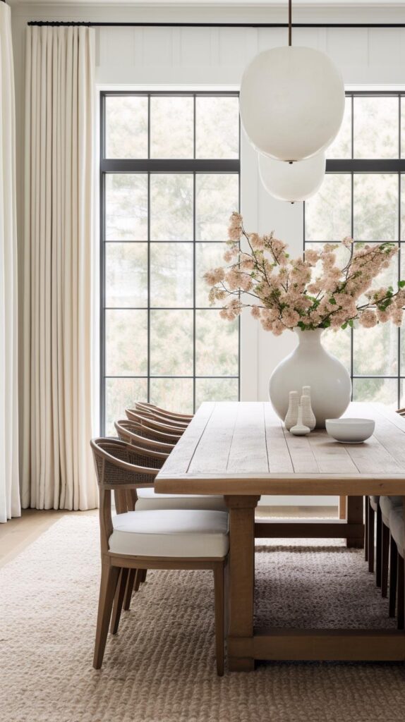 A white modern farmhouse dining room with reclaimed wood dining table.