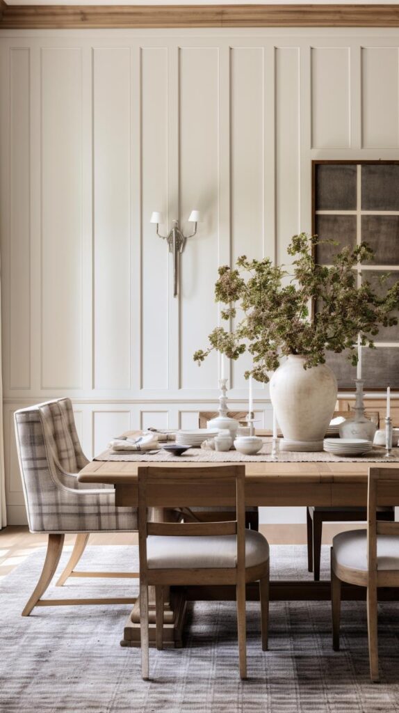 A white paneled modern farmhouse dining room.