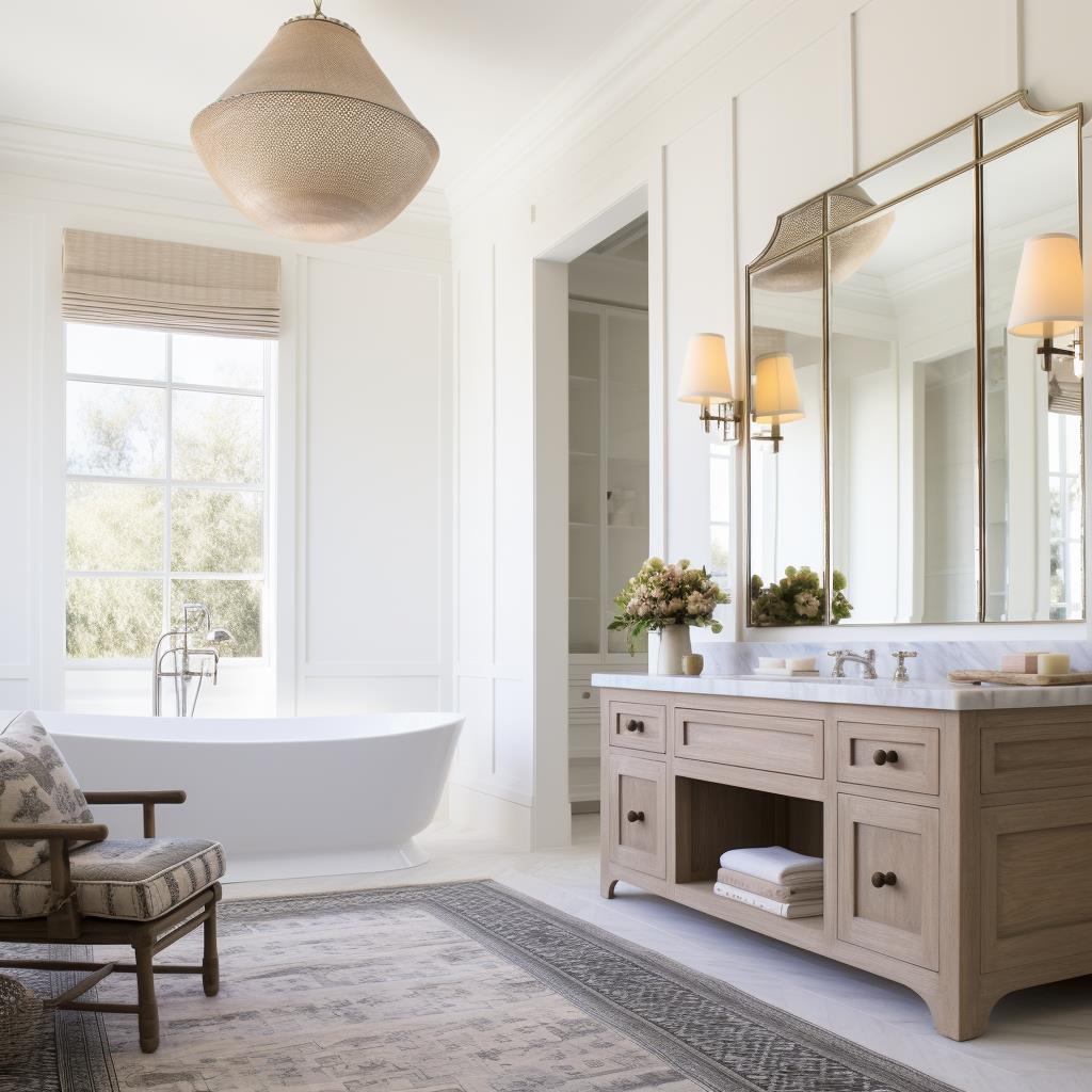 A white paneled principal bathroom with vanity and white tub.