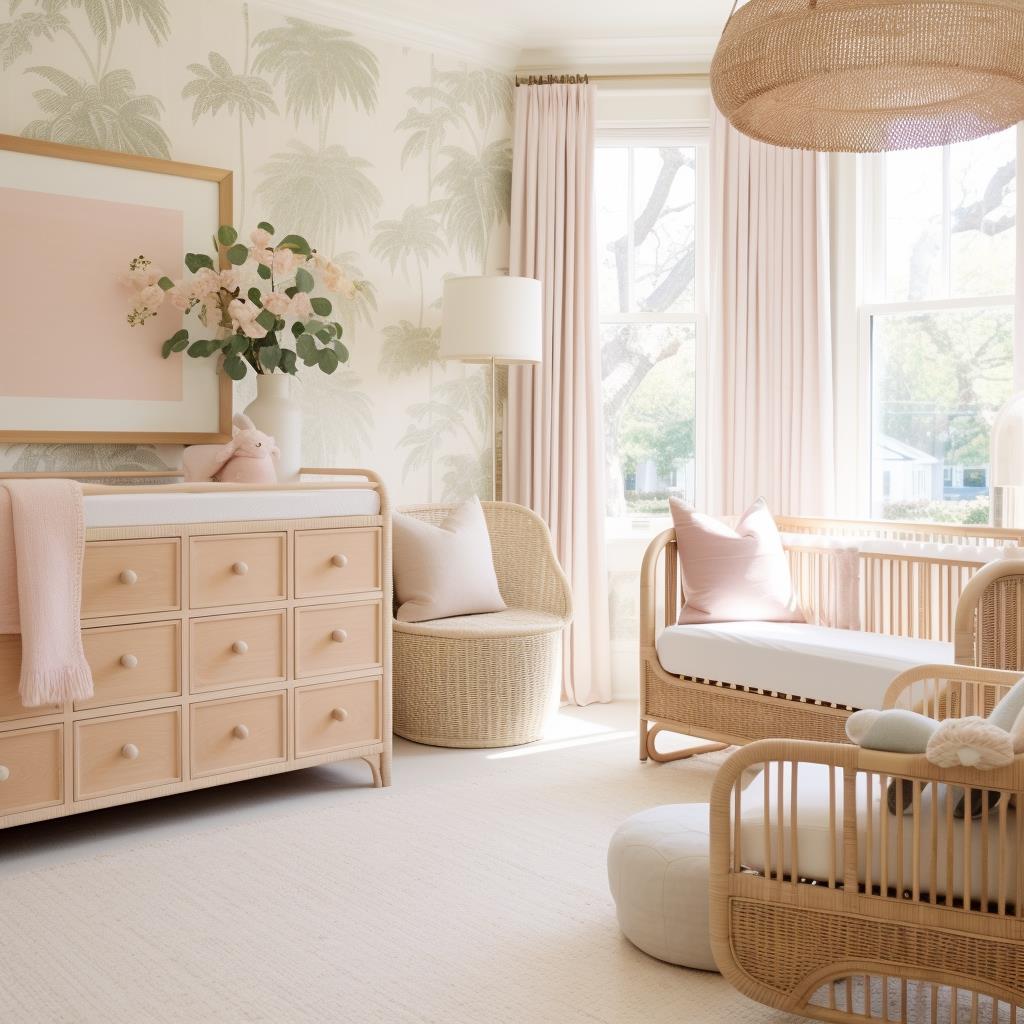 A baby girl nursery with natural wood furniture.