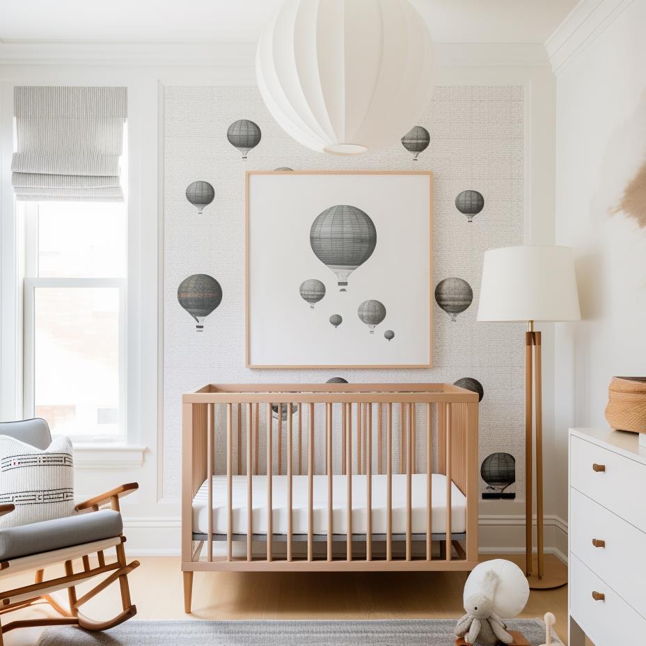 A baby nursery with a crib and wallpaper.