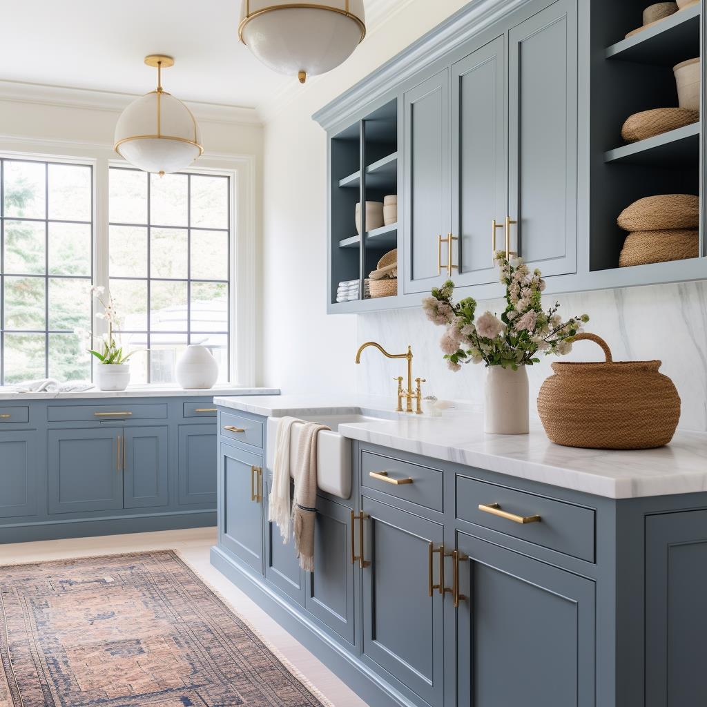 A blue farmhouse laundry room.