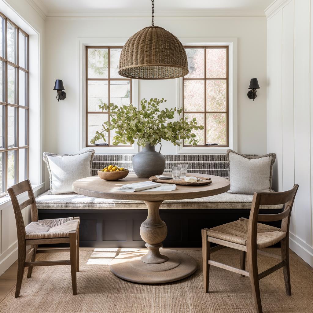 A colonial breakfast nook with round farmhouse dining table.