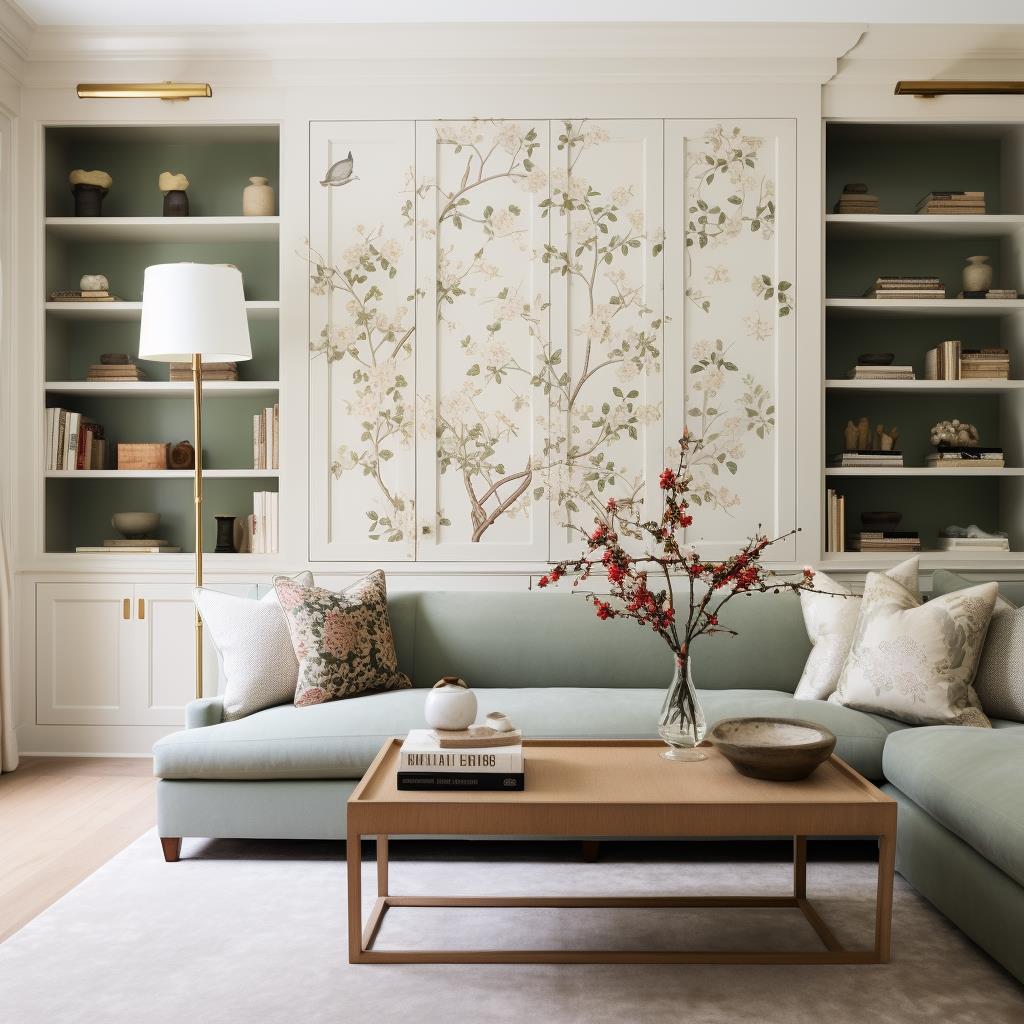 A cottage colonial living room with sage green sectional.