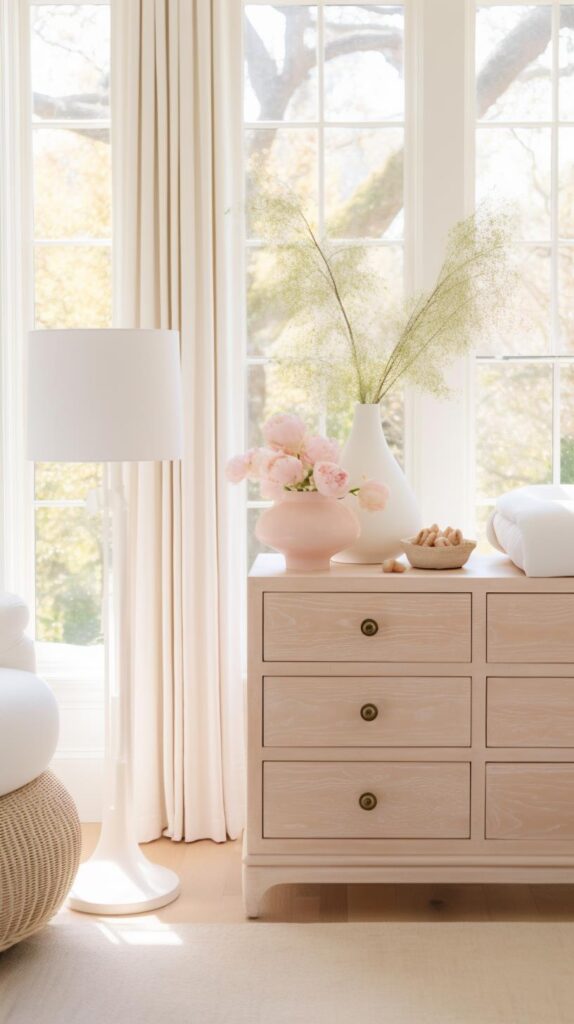 A farmhouse baby girl nursery with natural wood dresser.