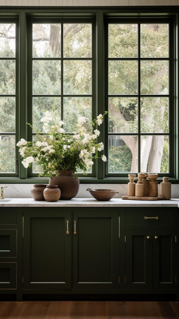 A farmhouse green kitchen.