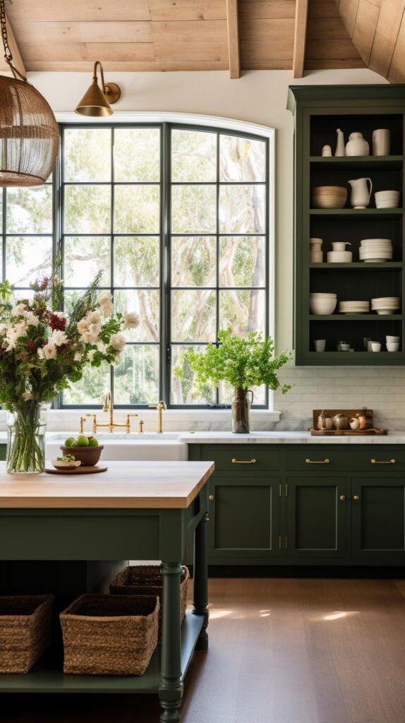 A green farmhouse kitchen with a green kitchen island.