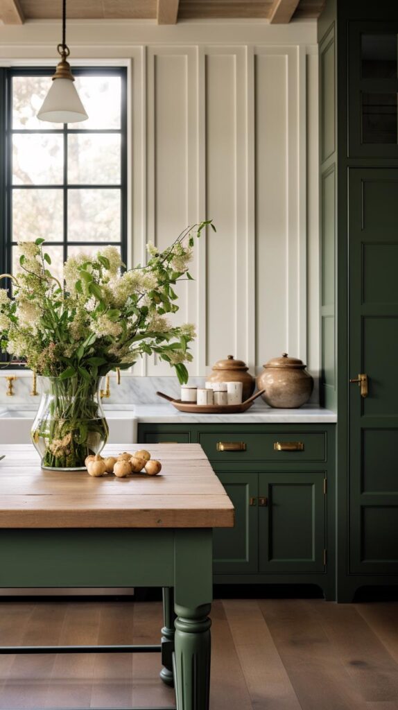 A green modern farmhouse kitchen.