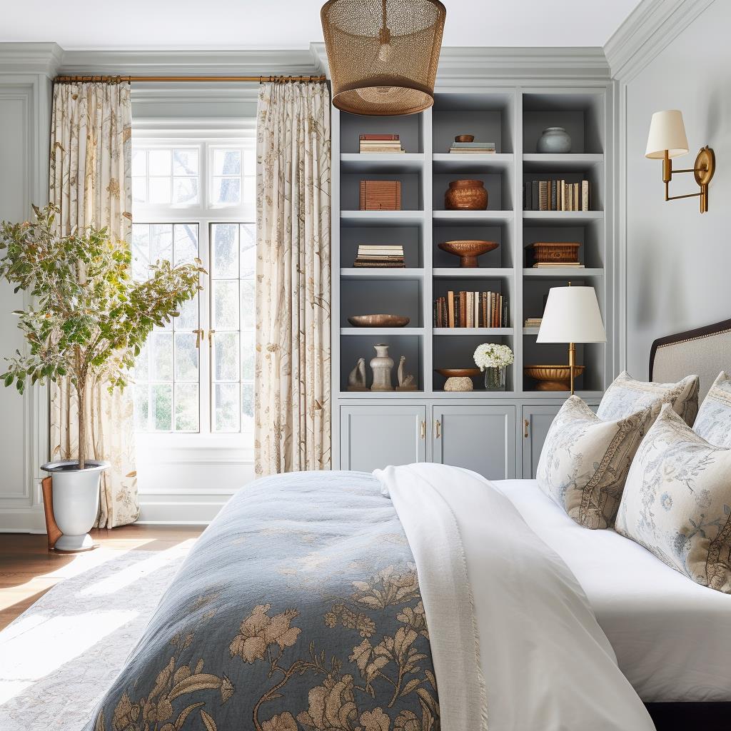 A light blue cottage colonial master bedroom.