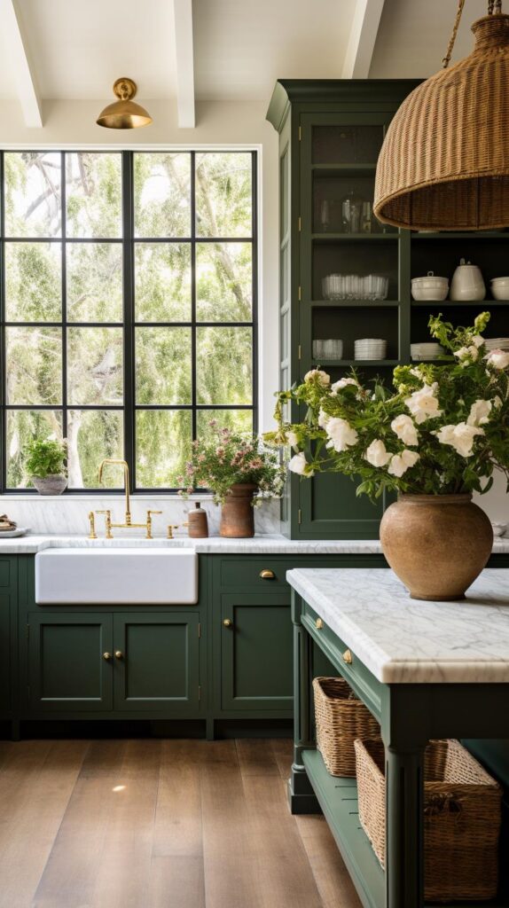 A luxury farmhouse green kitchen.