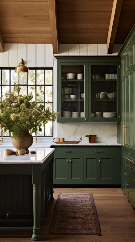 A luxury green country farmhouse kitchen.