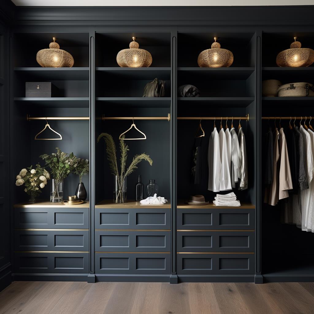 A luxury master bedroom walk-in closet with black cabinets.