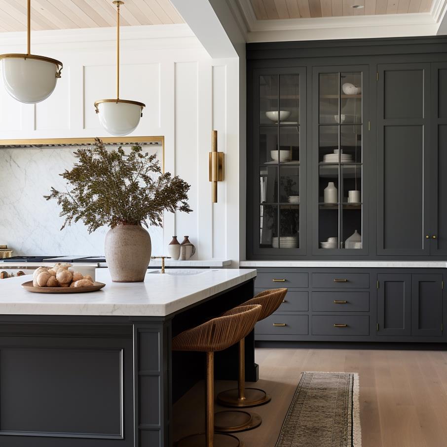 A luxury modern colonial kitchen with black kitchen island.