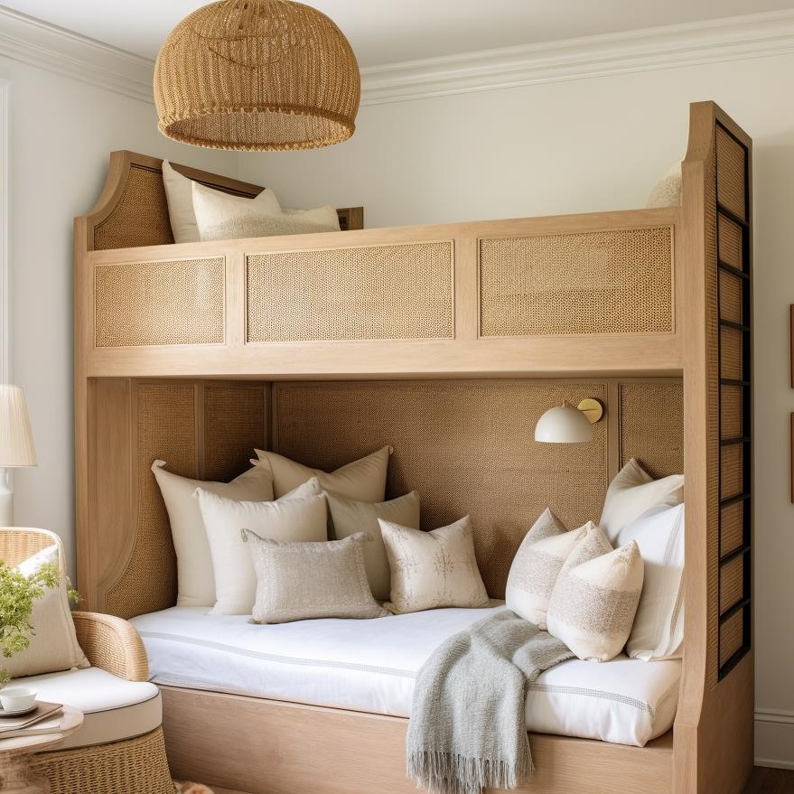 A modern farmhouse guest bedroom with natural wood bunk beds.