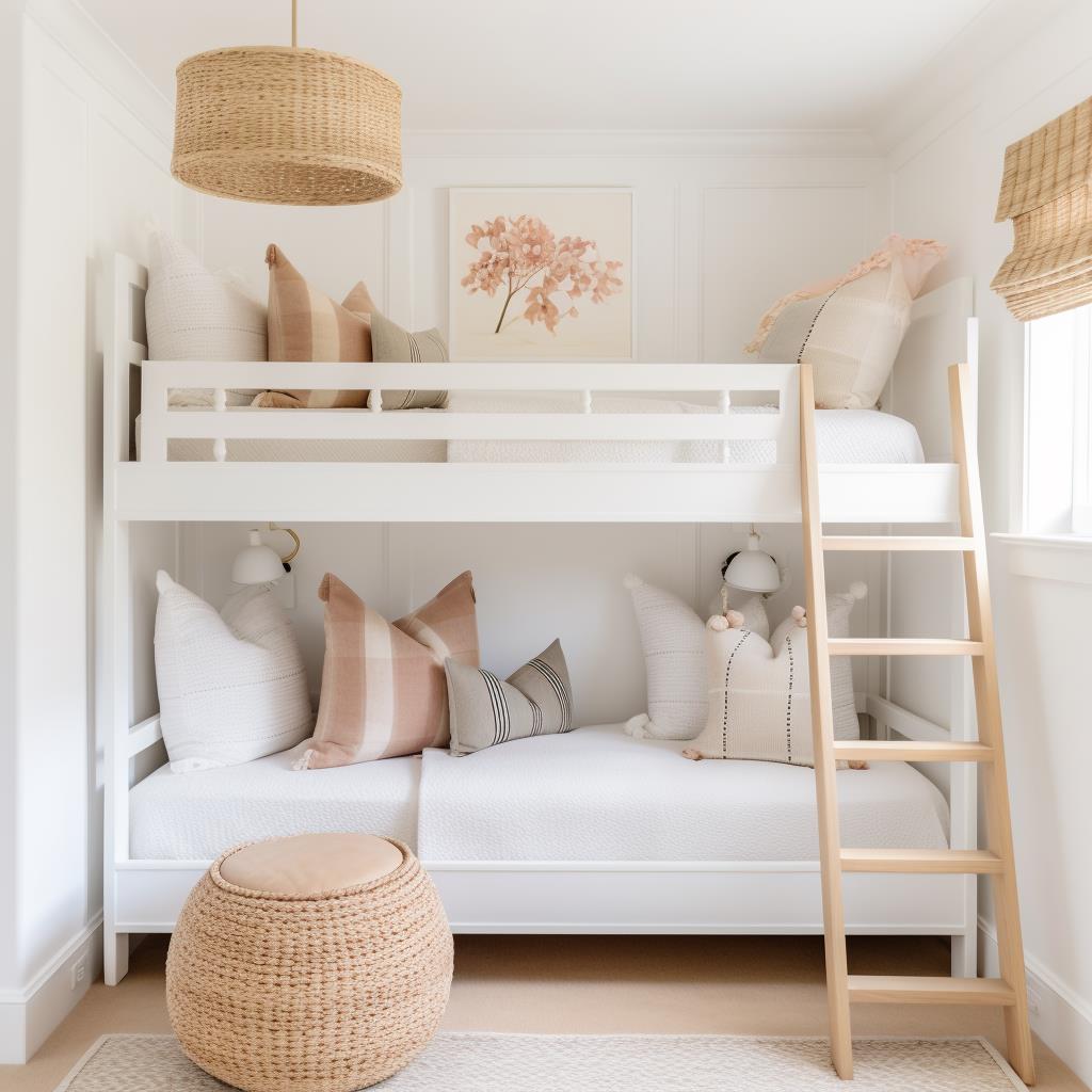 A pink and white children's bedroom with bunk beds.