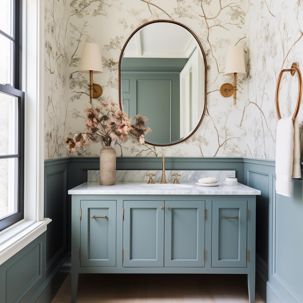 A traditional blue powder room with floral wallpaper.