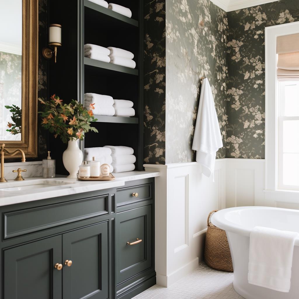 A traditional cottage colonial master bathroom with dark vanity and white paneled walls.