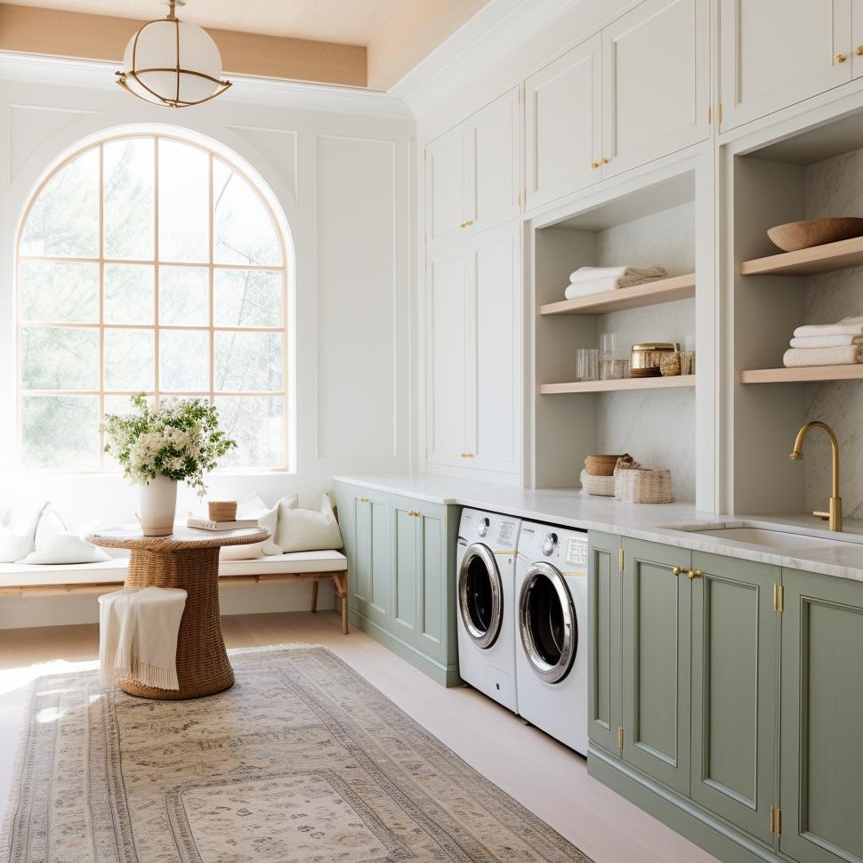 A white and green modern farmhouse laundry room.