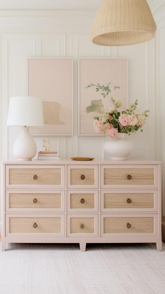 A girl baby room nursery with pink and cane dresser.