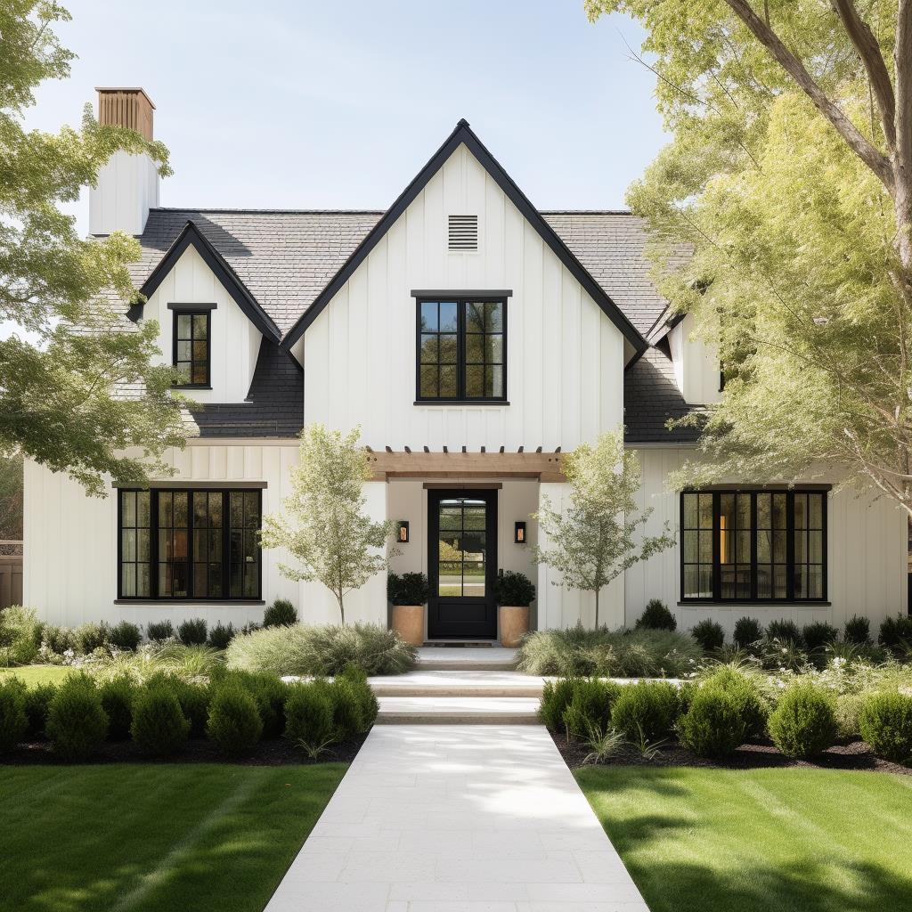 A white modern cottage colonial home exterior with black windows.