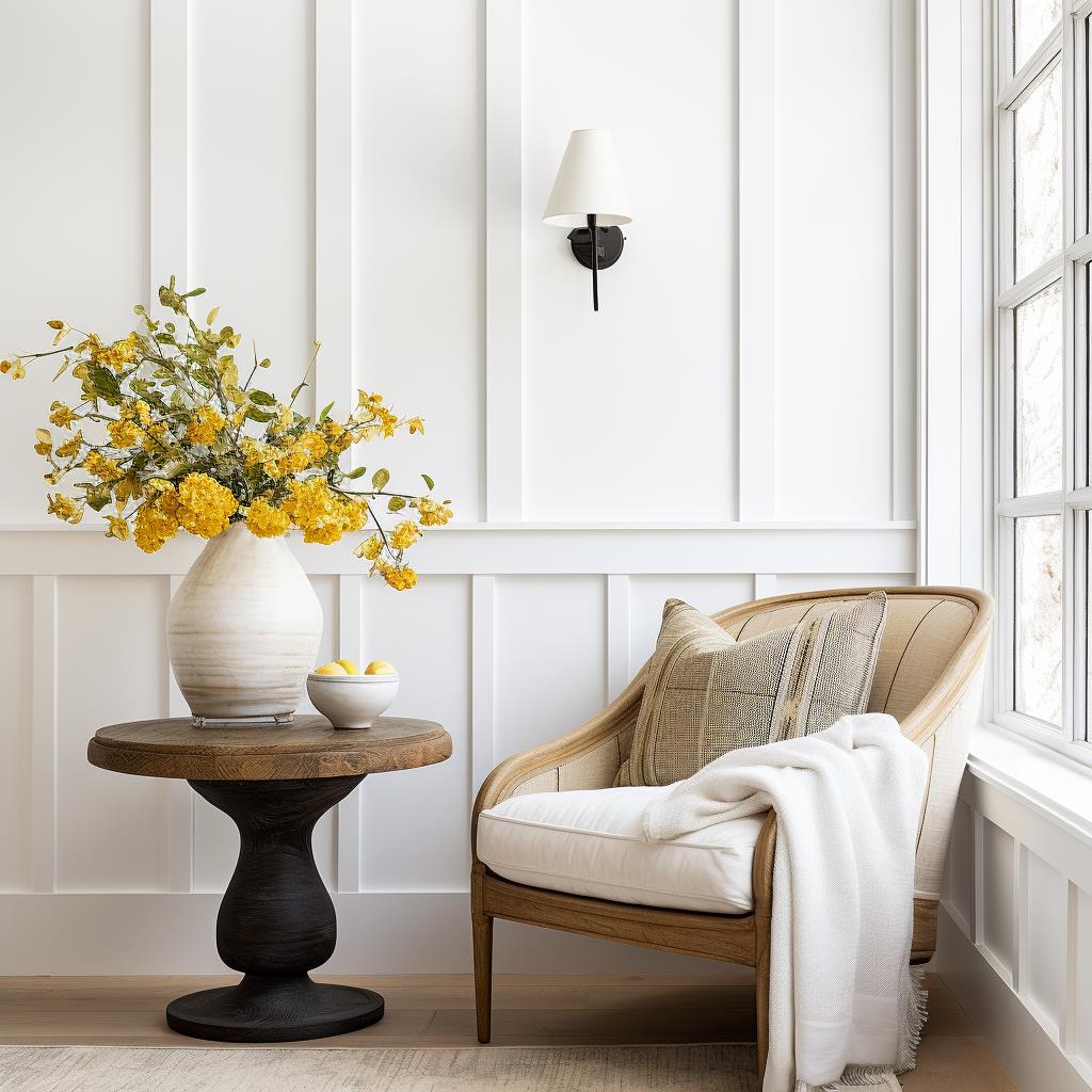 A white paneled modern farmhouse reading nook.